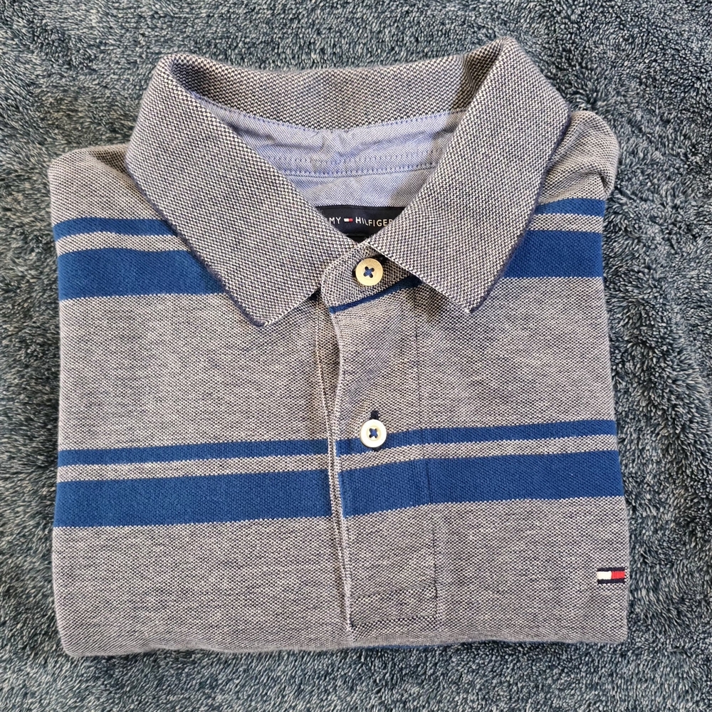 Tommy Hilfiger Men's Gray and Blue Striped Polo Shirt - Picture 6 of 6